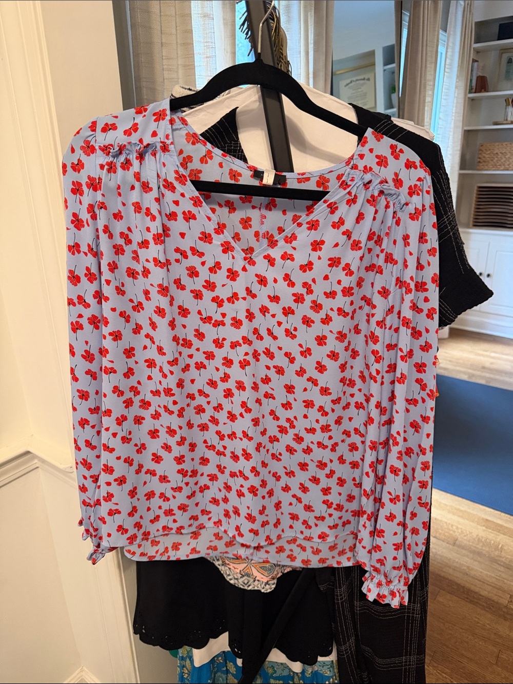 Ann Taylor Blue Blouse with Red Floral Print
